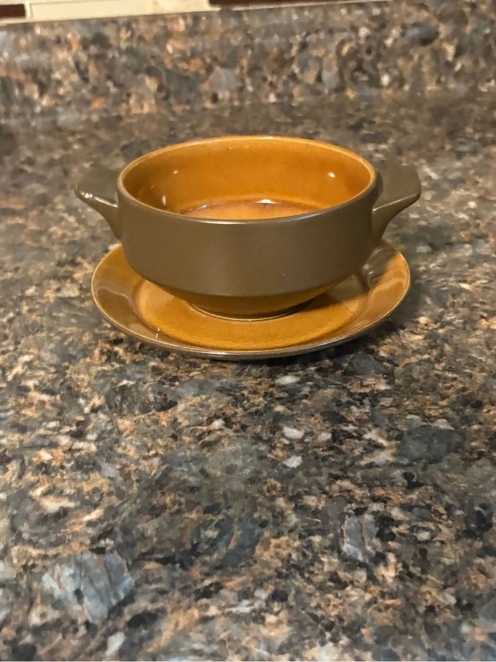 Vintage Stoneware Brown Two-Tone Ceramic Soup Bowl with Saucer